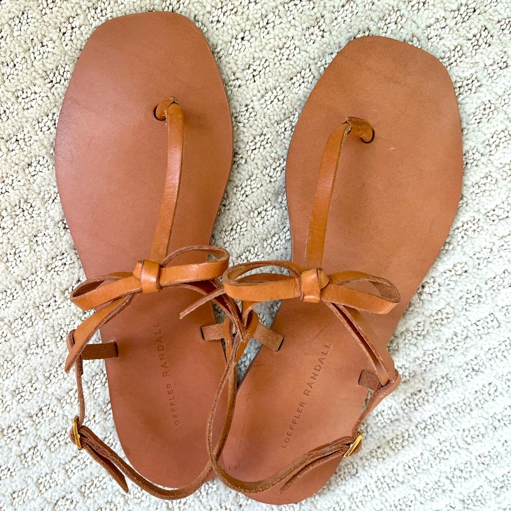 Loeffler Randall Tan Leather Bow T-Strap Sandals
